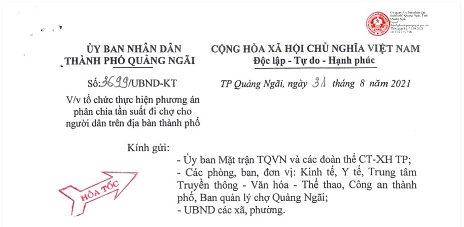 Thành phố Quảng Ngãi áp dụng “Thẻ vào chợ” từ ngày 02/9/2021